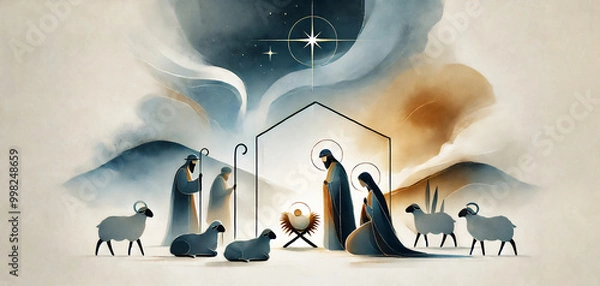Obraz Watercolor painting representing Nativity scene in Bethlehem. Christmas scene illustration showing holy family baby Jesus in the manger Joseph and Mary. Banner or wallpaper Copy space