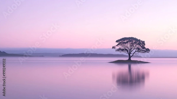 Fototapeta a tree is in the middle of a lake with mountains in the background