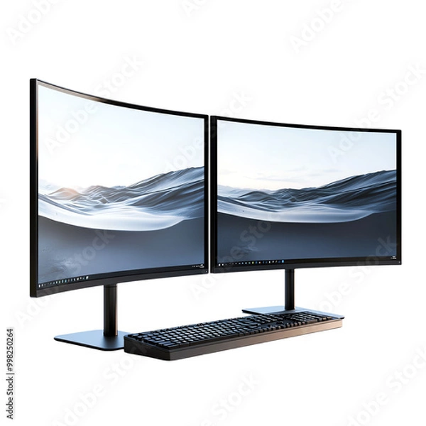 Obraz A modern dual curved monitor setup with a sleek design, perfect for gaming, productivity, and immersive experiences.
