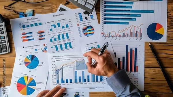 Fototapeta A financial analyst reviewing data with various stock performance charts, graphs, and investment reports spread across a desk in an office environment.