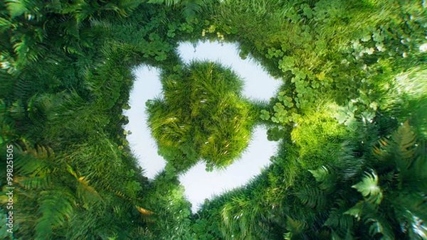 Fototapeta 3D rendering of a circular eco-symbol made of grass, ferns, and lush greenery, representing sustainability, recycling, and nature's cyclical balance. Ideal for environmental themes.
