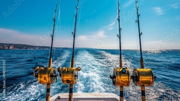 Fototapeta Four fishing rods with golden reels ready for action on a boat against a vast blue sea and clear sky, depicting an ideal setting for deep-sea fishing.