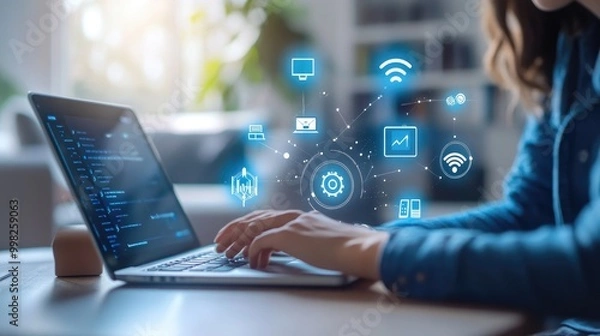 Obraz A tech-savvy individual configuring their home Wi-Fi network on a laptop, surrounded by smart home devices, showcasing modern technology and connectivity.