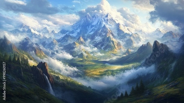 Fototapeta A picturesque mountain landscape with clouds rolling over the peaks, creating a mystical atmosphere and highlighting the beauty of nature in its purest form.