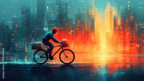 Fototapeta a postal worker delivering letters and parcels on a bicycle, set against a bright and cheerful urban background. postal worker iconography, world post day