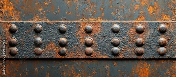 Obraz Close-up of a rusty metal surface with a row of rivets.