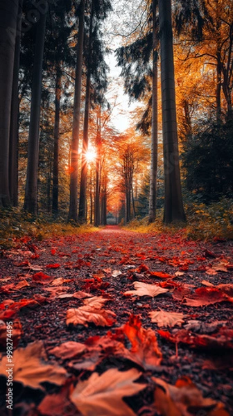 Obraz Scenic autumn forest path covered in vibrant fallen leaves with golden sunlight streaming through the trees, captured in a serene, dreamy atmosphere with warm tones and shallow depth of field.