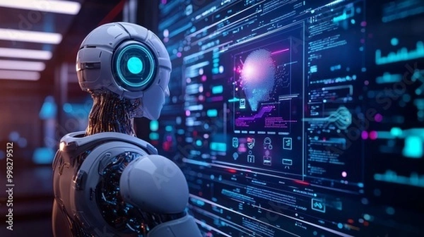 Fototapeta AI Robot Analyzing Data in Futuristic Environment