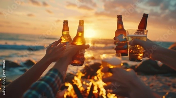 Obraz Cheers to the sunset! Friends enjoying drinks by the beach around a fire. A perfect evening captured in front of the beautiful sea.
