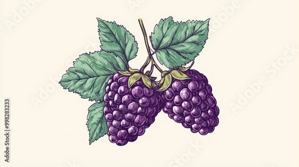 Fototapeta Minimalistic hand-drawn blackberry with vibrant hues and leaf detailing, evoking freshness and health in a simple, artistic style.