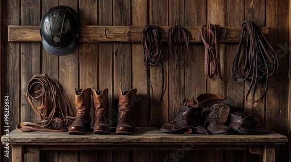 Obraz Cowboy Boots and Riding Gear Hanging in a Rustic Stable