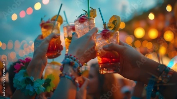 Obraz Celebrating Summer with Colorful Cocktails in Hand, Festive Vibes and Joyful Moments Under Twinkling Lights