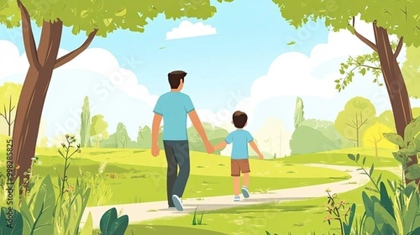Fototapeta A cartoon parent holding hands with their child while walking in the park, with room for text in the green landscape.