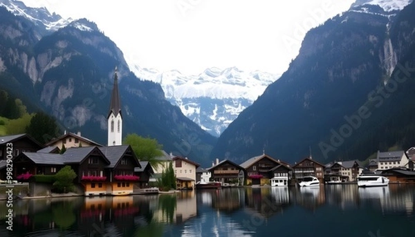 Obraz Hallstatt, a charming village in Austria, is nestled in a scenic mountain valley by a peaceful lake, generative ai
