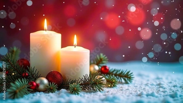 Fototapeta Christmas candles with fir branches on snow and bokeh background.