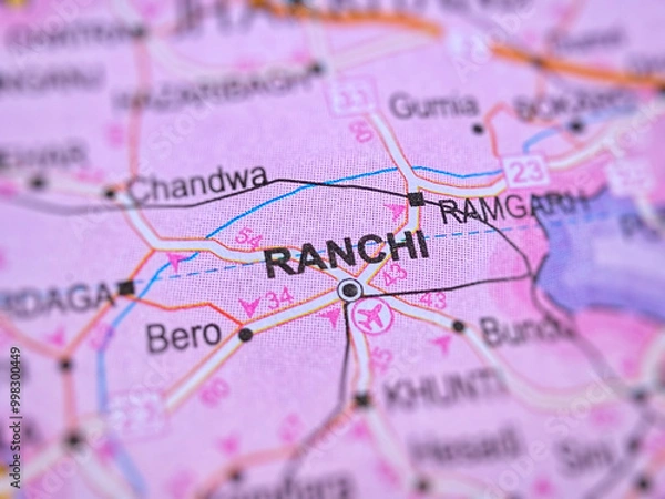 Fototapeta Ranchi on a map of India with blur effect.