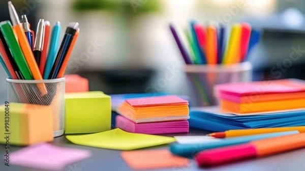 Fototapeta Cluttered Office Desk with Colorful Supplies and Pens