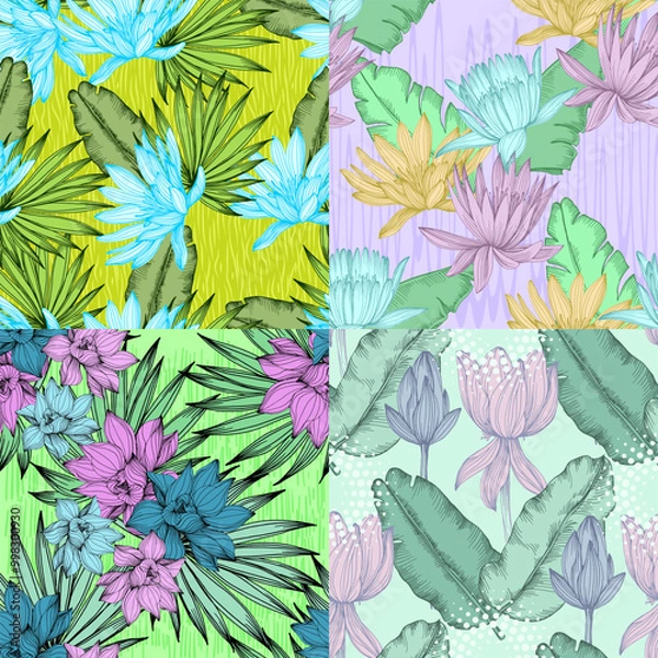 Fototapeta Seamless Pattern with lotus and tropical banana tree leaves. Color sketch style hand drawn background. Detailed illustration, hand drawn. Great for fabric and textile, prints, invitation, packaging