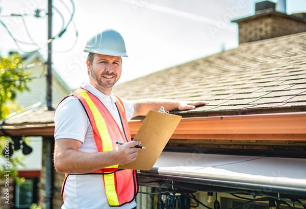 Fototapeta man with hard hat standing on steps inspecting house roof