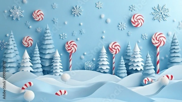 Fototapeta Pastel-colored Christmas candy land with snowflakes, trees, and candies in a 3D paper art style. AI generated image