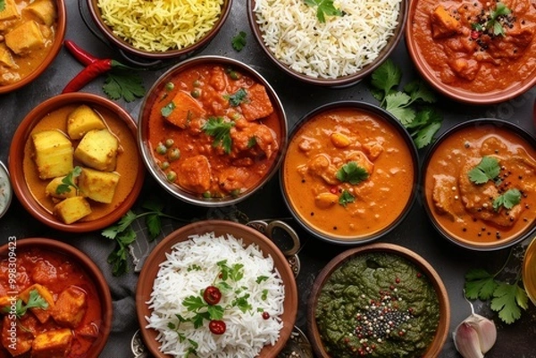 Fototapeta Colorful Indian Cuisine Variety with Rice, Curry, and Naan Bread