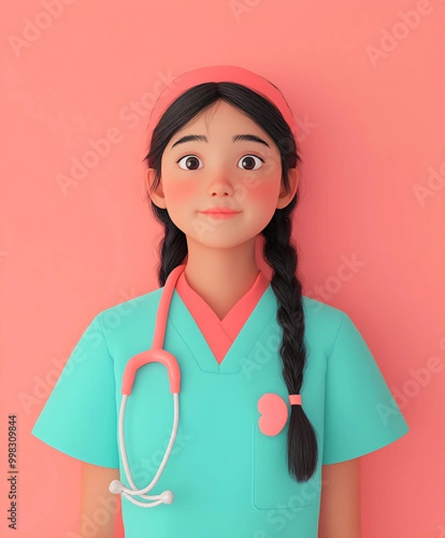 Obraz Cheerful 3D Animated Young Asian Girl in Medical Uniform with Pink Stethoscope and Heart Badge