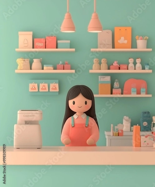 Obraz Cheerful Animated Storekeeper in Pastel Boutique with Neatly Arranged Items
