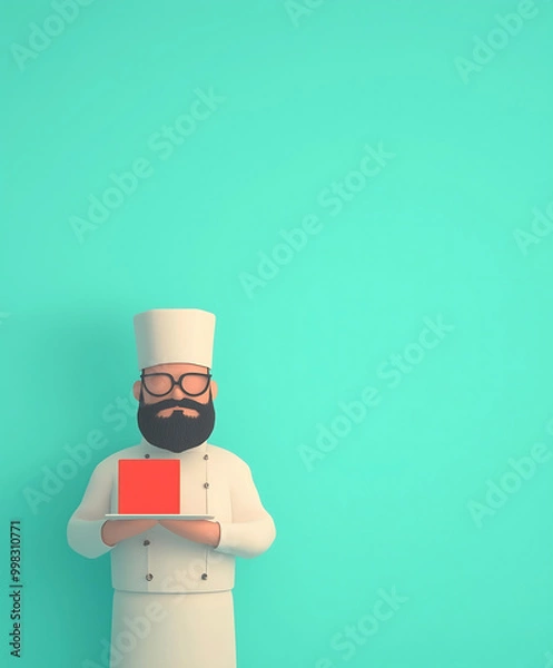 Obraz Cartoon Chef with Sunglasses Holding a Red Tablet on Bright Turquoise Background