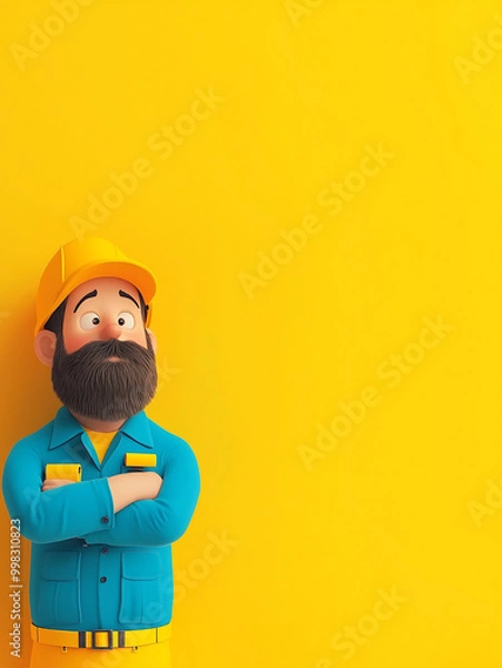 Obraz Cartoonish Construction Worker with Bright Yellow Background