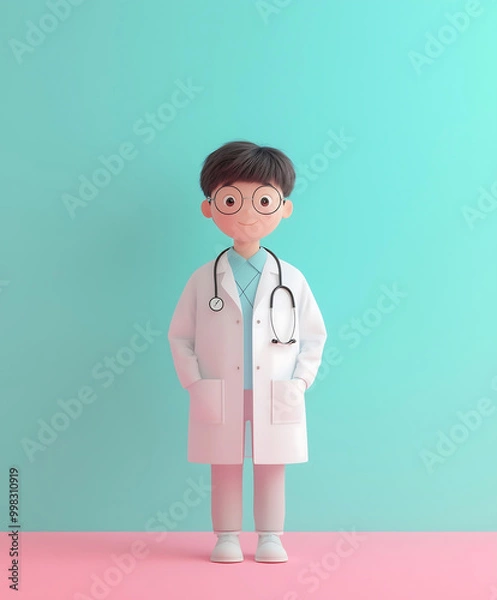 Obraz Cheerful Cartoon Doctor with Glasses and Lab Coat on Vibrant Background