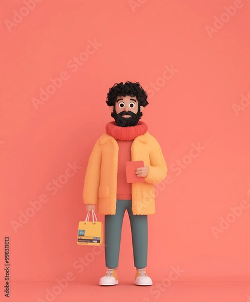 Obraz Cheerful Cartoon Shopper with Winter Gear