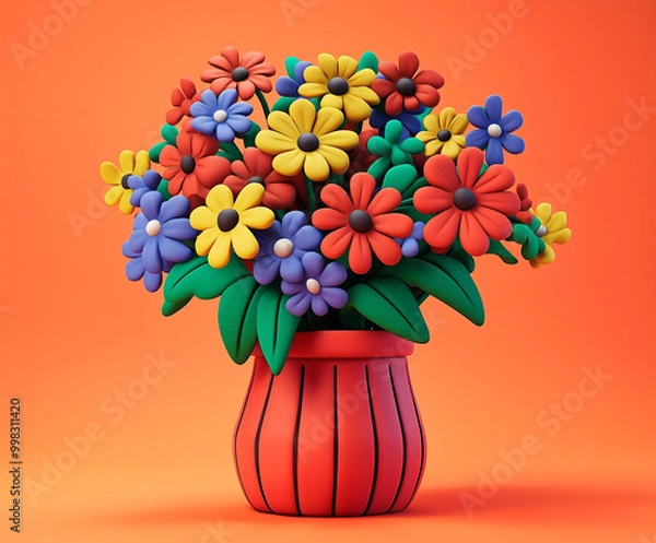 Obraz Cheerful Cartoon Flowers in a Bold Red Vase with Vibrant Orange Background