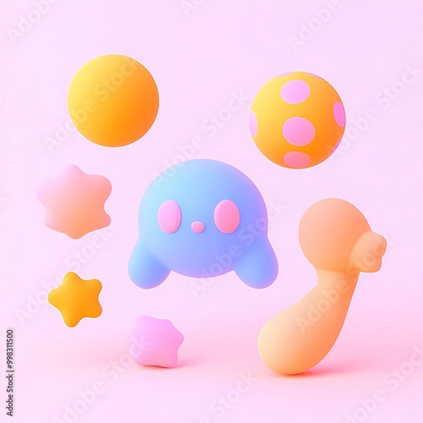 Obraz Whimsical 3D Playful Scene with Cute Blue Ghost and Colorful Objects