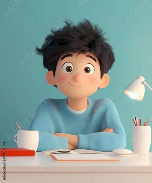 Obraz Cheerful Young Boy in Turquoise Sweater Smiling at Study Desk Surrounded by Books and Pencils, Teal Background