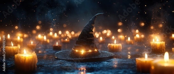 Obraz A mystical witch hat surrounded by glowing candles in a dark setting, creating an enchanting and atmospheric scene for magical or Halloween-themed visuals.