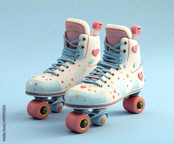 Fototapeta Colorful Pastel Roller Skates with Playful Heart Patterns and Yellow Wheels Set Against a Soft Blue Background