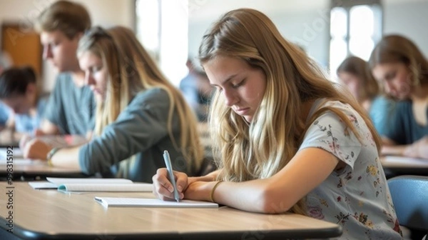 Fototapeta Intense Focus Students Engaged in Exam in Well-Lit Classroom