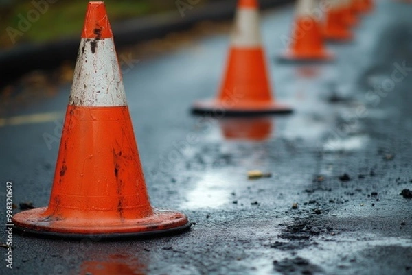 Fototapeta A Single Orange Traffic Cone on Wet Asphalt with Others Blurred in the Background