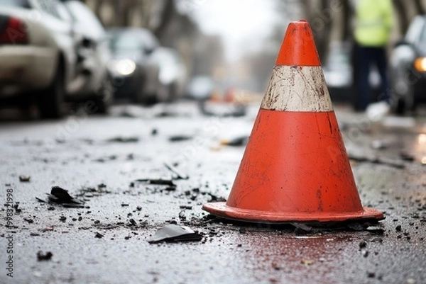 Fototapeta Orange Traffic Cone on Wet Asphalt with Glass Shards
