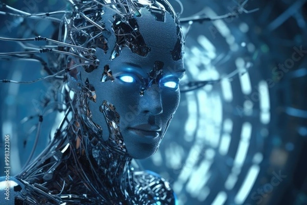 Fototapeta Robotic artificial intelligence head with wires