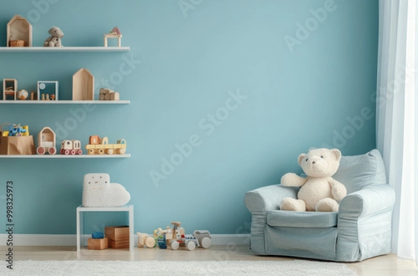 Fototapeta a child's room with pastel blue walls, featuring wooden shelves filled with colorful toys and plush animals on top, alongside an armchair in the same color scheme