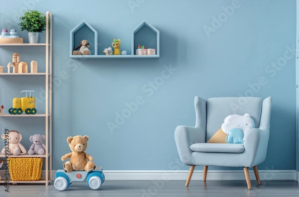Fototapeta a child's room with pastel blue walls, featuring wooden shelves filled with colorful toys and plush animals on top, alongside an armchair in the same color scheme