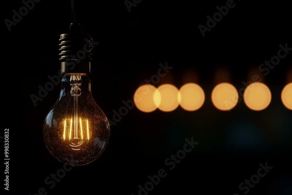 Fototapeta A photograph showcasing hanging light bulbs encased in brass wire and glass pendants, illuminated by soft lighting that enhances the elegant atmosphere. The blurred background adds depth, creating a v