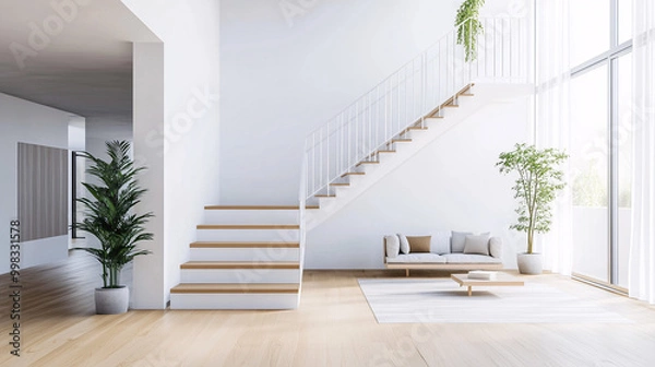 Fototapeta White minimalist staircase with slim metal railings and natural wood steps, simple and functional design in an open-plan home