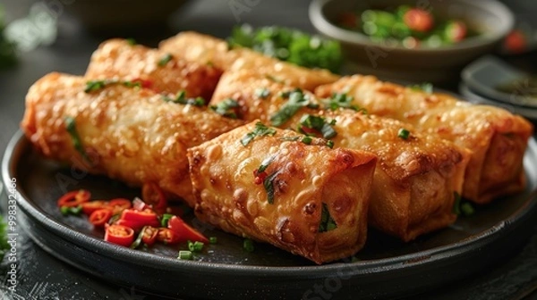 Fototapeta Crispy spring rolls arranged beautifully on a dark plate with fresh herbs and chili garnish at an evening gathering. Generative AI