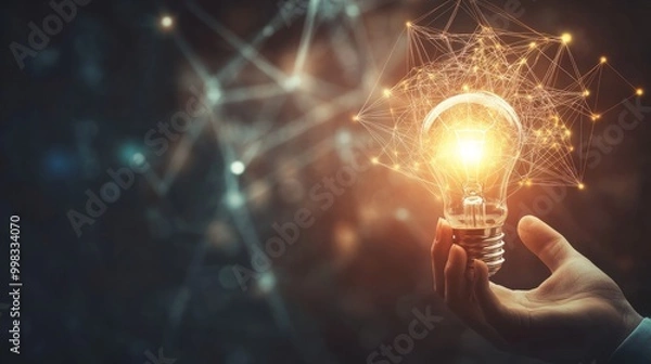 Fototapeta A hand holding a light bulb symbolizing a green energy concept, set against a blurred nature background infused with sunlight and a bokeh effect. This image captures the essence of sustainability
