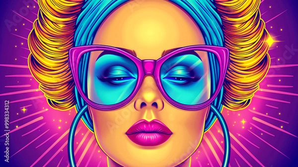 Fototapeta A woman with purple glasses and a purple headband. She is wearing a pink lipstick. The image is colorful and vibrant