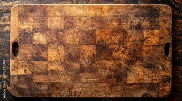 Obraz Rustic Wooden Cutting Board on Dark Wooden Surface with Natural Texture and Grain Patterns