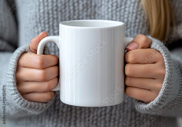 Fototapeta  High-resolution mockup of a blank white coffee mug being held by two hands, with a woman wearing a grey sweater in the background. Created with Ai