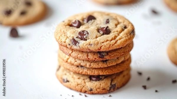 Fototapeta Close up of a stack of chocolate chip cookies on a white backdrop A delightful representation of dessert and baking
